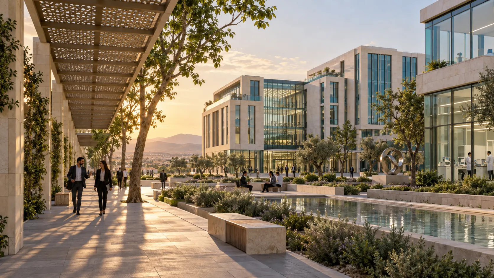 Concept of a public plaza and business buildings in an integrated technology environment